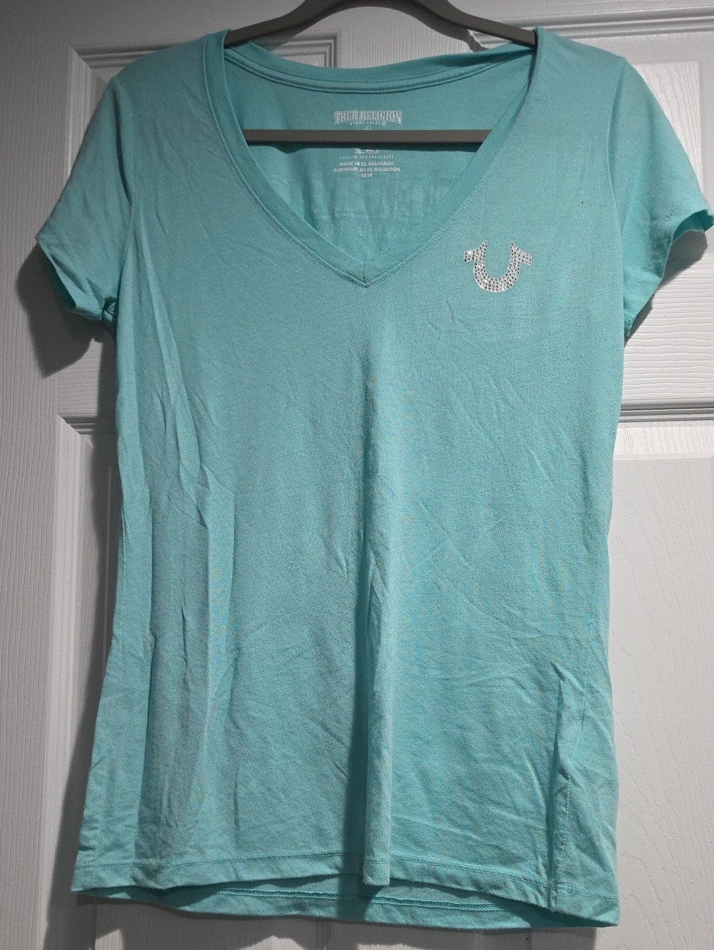 True Religion Women's Light Teal V-Neck Tee with Rhinestone Logo